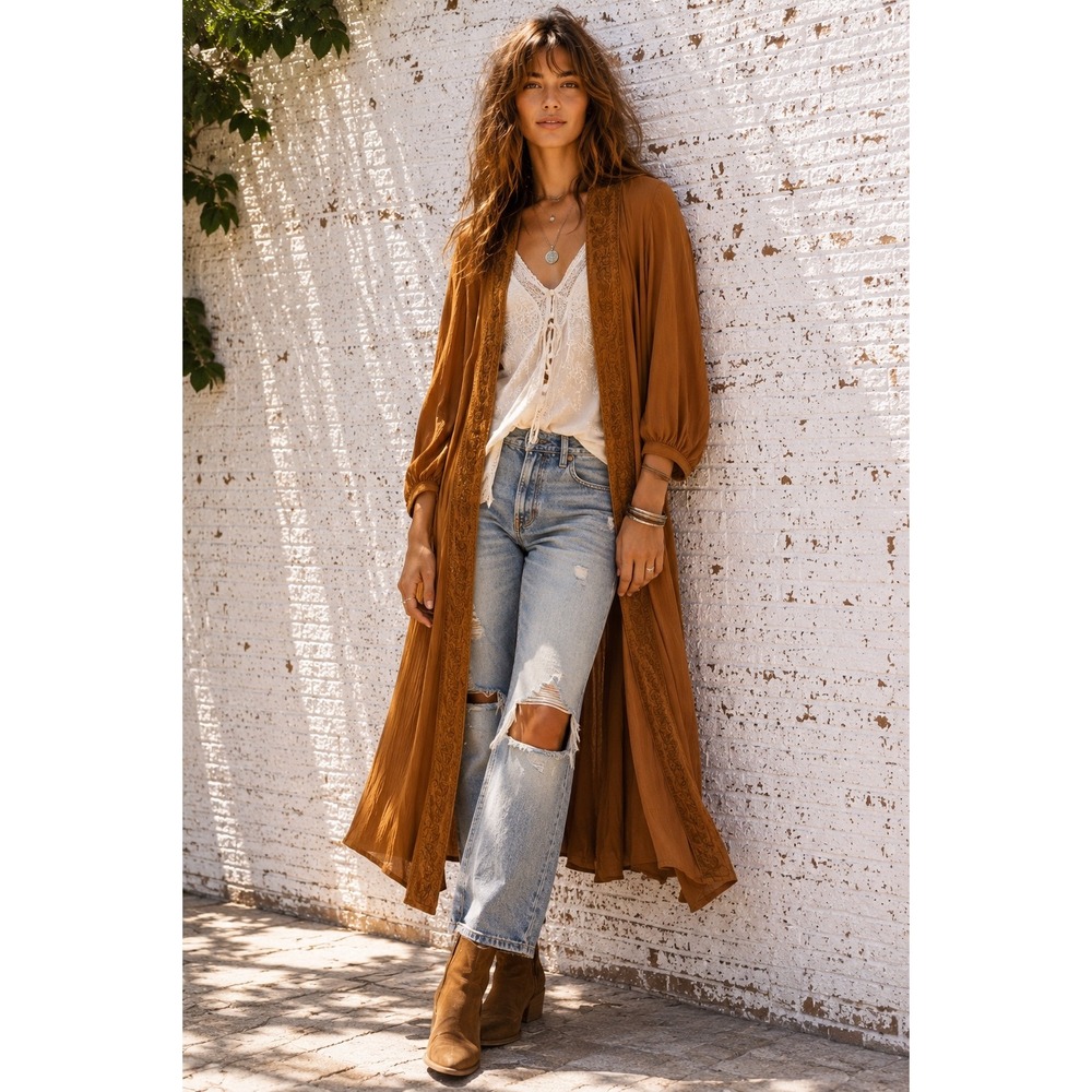 Soft Surroundings Brown Viscose Embroidered Duster Cardigan Robe 2FK00 Small